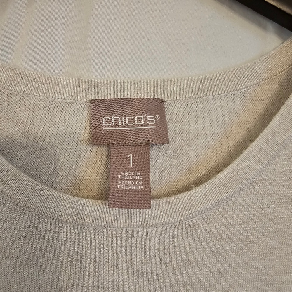 Chicos Oatmeal Beige Puff Shoulder Crew Neck Knit Sweater Size 1 Medium - Picture 3 of 8